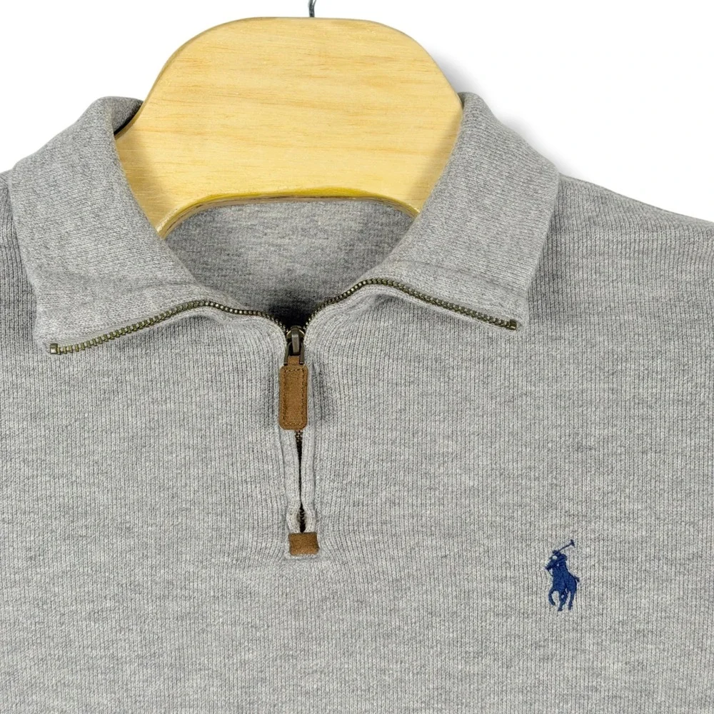Polo Ralph Lauren Quarter Zip Men Small Gray Pullover Cotton Knit Sweater Pony